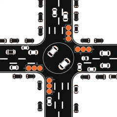 A top down view of a busy intersection with cars traffic lights and pedestrian crossings © SarwarGfx