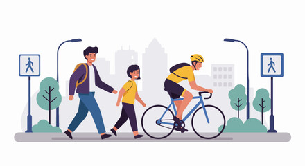 Cyclist and pedestrians sharing an urban path, emphasizing healthy commuting, city lifestyle, safety, and sustainable transportation. © Nafa Project