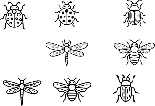 Minimalist black and white insect vector icon set featuring ladybugs, bees, dragonflies, and beetles for nature nature-themed graphic design projects