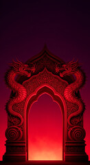 Obraz premium An ornate red archway with dragon carvings against a dark background.