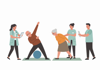 Senior patients practicing physiotherapy exercises with medical staff assistance for rehabilitation and active aging.