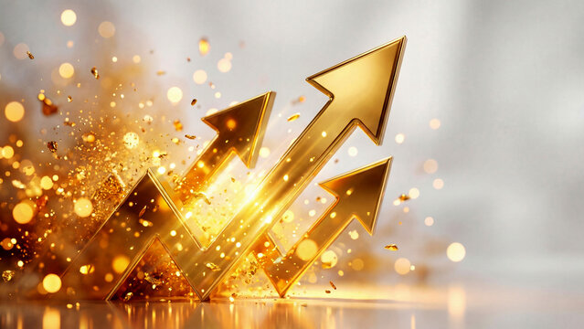勢いよく弾ける金色の矢印と大量のコインがきらきらと舞う、金価格の上昇志向を象徴する画像です。金融金融や投資、ビジネスのプレゼン資料やWeb広告などにおいて、圧倒的な成長と確かな繁栄、そして未来への飛躍を力強くアピールできる素材です。