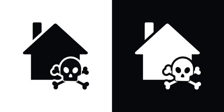 Dangerous property or toxic home icon featuring a house with a skull and crossbones symbol. Represents hazardous materials, poison risk, condemned building, or deadly environment risks.
