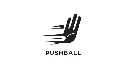 Obraz premium A sleek black pushball logo featuring a dynamic hand gesture on a clean white background, symbolizing motion and energy.