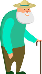 Fototapeta premium Old man with walking cane. Happy senior character