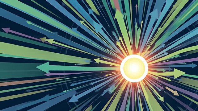 Arrows radiate from a center point in blue, green, purple and yellow. Bright halo