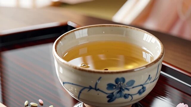 Japanese green tea in blue-patterned ceramic cup served on lacquered tray &mdash; serene atmosphere of tea ceremony