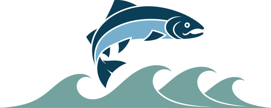 Stylized salmon fish jumping over ocean waves, blue trout jumping out of water, minimalist sea life vector illustration for fishing logo