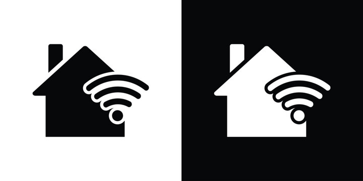 Wireless connected home icon featuring a house with a Wi-Fi signal. Represents smart automation, internet connectivity, remote monitoring, and modern residential technology systems.