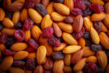 Fototapeta premium Assorted nuts and dried fruits arranged on a light surface with a blue cloth, featuring almonds, pistachios, pecans, apricots, olives, and raspberries