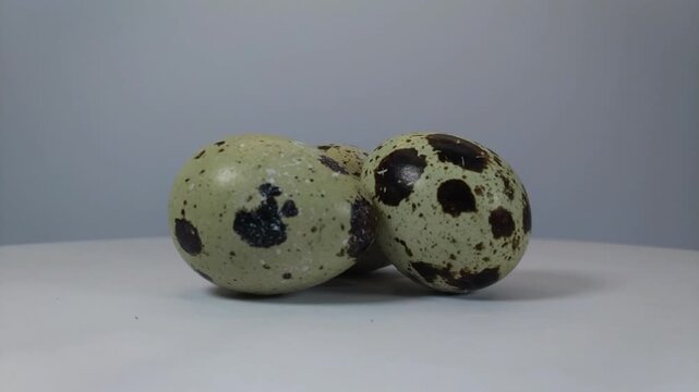 Whole quail eggs with shell, with distinctive and different patterned ornaments, rotating.