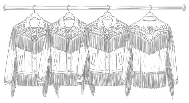 Four western style jackets with fringe and studs on a clothing rack