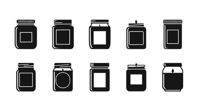 Collection of black and white jar icons in various designs and shapes.