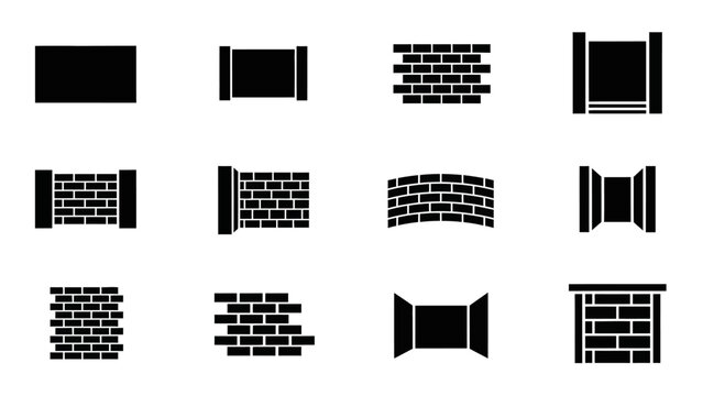 Collection of black brick wall icons on white background.