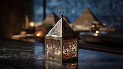 Lantern on Table with Pyramids in Background at Night.