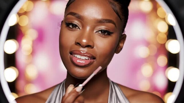 A beautiful woman applies lip gloss in front of a vanity mirror with lights