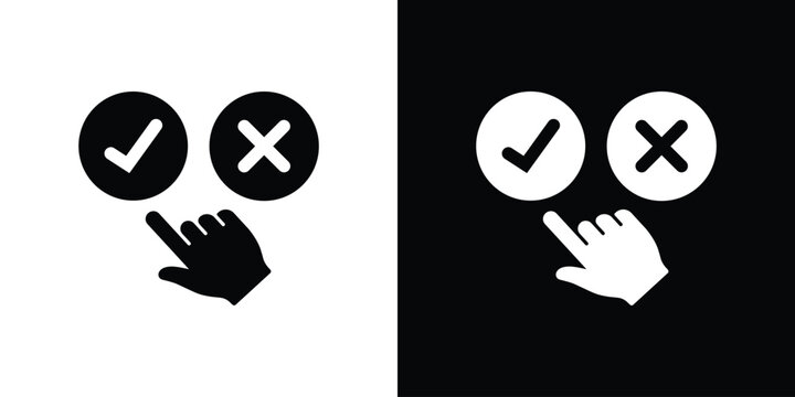 Hand icon pointing toward a checkmark and cross symbol. Illustrates decision-making, user voting, approval processes, and choosing between correct or incorrect options.