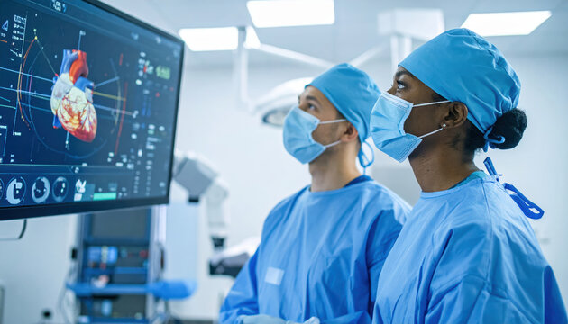 Chirurghi che analizzano un modello 3D del cuore umano su un monitor digitale in sala operatoria. Generative AI 