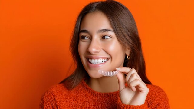 Smiling woman demonstrates clear aligner against vibrant orange background