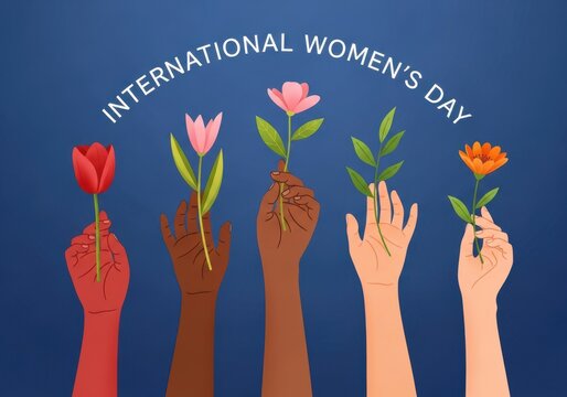 International womens day illustration with diverse hands holding flowers on blue background