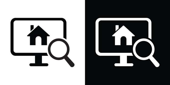 Vector icon of a house on a computer monitor with a magnifying glass. Concept for online real estate search, property browsing, digital mortgage appraisal, and finding a new home on the internet.