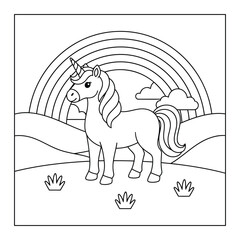 Fototapeta premium Coloring page of a cute unicorn sitting in a garden with tall flowers and butterflies