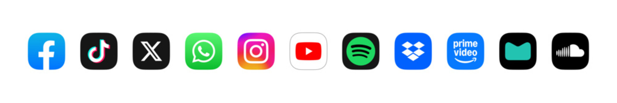 Social media icon logo vector set. Instagram, X, facebook, tiktok, soundcloud. Popular social media icons button fit for web, mobile app