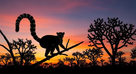 Obraz premium Silhouette of a ring-tailed lemur perched on tree branch against a colorful sunset sky