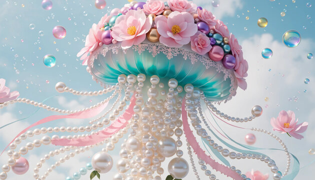 Dreamy Jellyfish Crown | Pink-Blue Pearl Jellyfish, Rose Ribbon Bubbles Fantasy, Healing Barbie Dream Aesthetic Wallpaper
