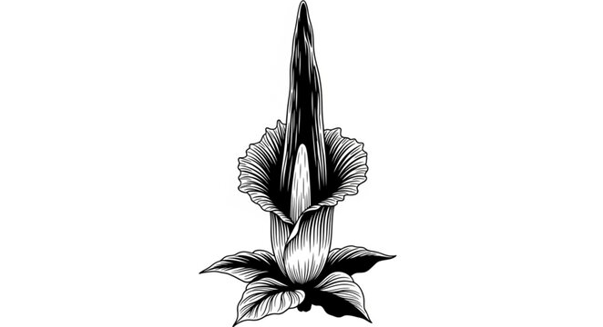 Detailed black and white illustration of a blooming Amorphophallus titanum flower.