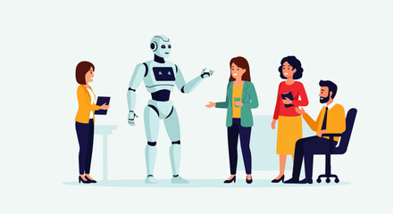 Fototapeta premium Modern flat vector illustration of a friendly AI robot casually chatting with a small group of people in an office environment. Ideal for AI Marketing, technology companies, and automation platforms.