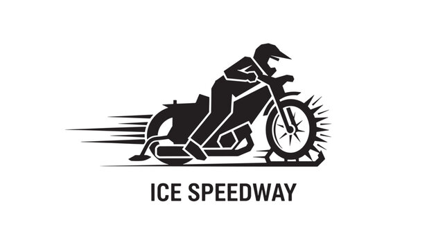 A dynamic black and white illustration of a motorcycle rider in action on an ice speedway track, conveying speed, skill, and competition.