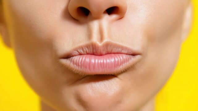 Smiling woman demonstrating mouthguard with lip movement on bright yellow background