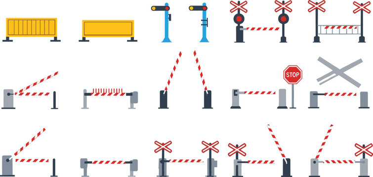 Railway Crossing Barrier and Traffic Gate Icon Set Featuring Safety Bollards, Stop Signals, Road Blocks, and Warning Systems for Transportation Vector Design