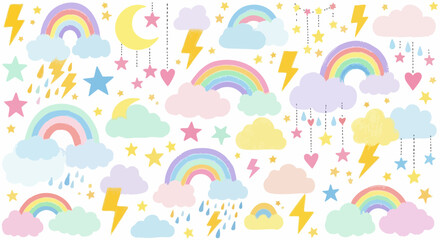 Pastel rainbow, cloud, moon, star, heart, and lightning bolt vector collection. Includes 7 rainbows, 14 clouds, 2 moons, 18 stars, 6 hearts, and 8 lightning bolts. Created in flat cartoon style