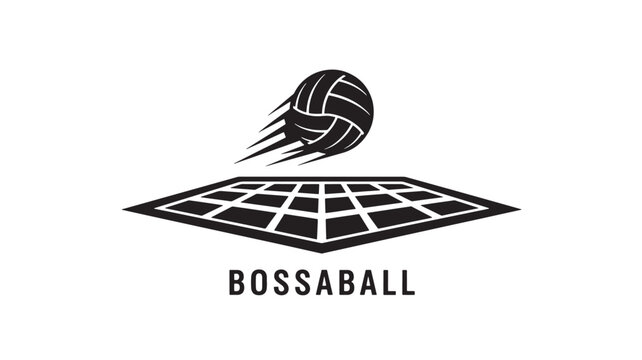 A dynamic bossaball volleyball logo on an inflatable court with a clean white background, perfect for sports branding.