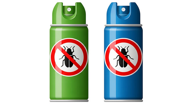 Two aerosol cans with insecticide labels indicating prohibition on a neutral surface from a straightforward viewpoint