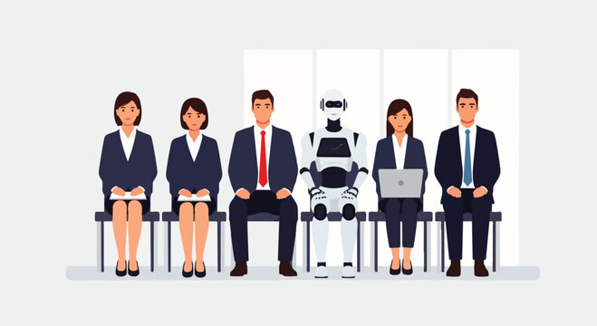Flat vector illustration depicting workers and humanoid AI robots sitting and waiting for job interviews. Concept of job competition between humans and AI robots.