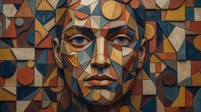 Abstract mosaic human face constructed from geometric shapes