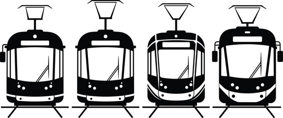 Modern tram front view silhouettes set isolated on white background urban public transport light rail vector illustration design collection icons © MdZahedul