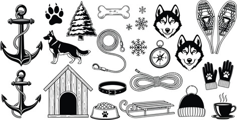 Collection of winter husky adventure line art featuring sled dog husky head snowshoes anchor dog house and snowflakes for design © MDMOHOBBAT