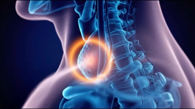 3d rendering of the human thyroid gland and neck anatomy, with a highlighted area, suitable for medical education, health campaigns, scientific presentations, and biology concepts.