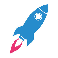 Fototapeta premium Bright blue rocket with red flames blasts upward symbolizing innovation and progress in space exploration