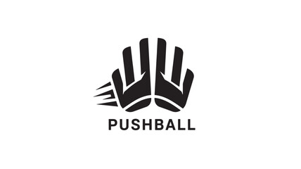 Obraz premium A modern pushball logo featuring two hands pushing together on a clean white background, symbolizing teamwork and collaboration.