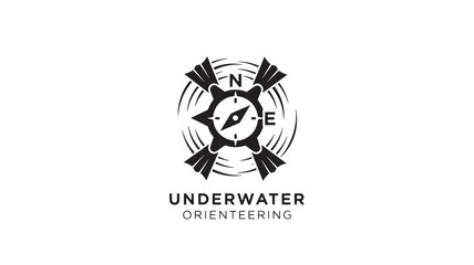 Fototapeta premium A sleek black and white logo featuring a compass surrounded by dive fins, symbolizing underwater orienteering with a clean, professional aesthetic.