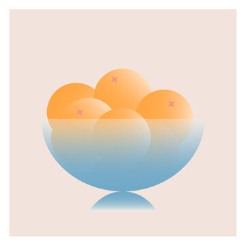 Minimalist geometric illustration of fresh orange fruits in a translucent blue glass bowl. Soft pastel gradients and simple abstract shapes, perfect for modern food, health, kitchen decor