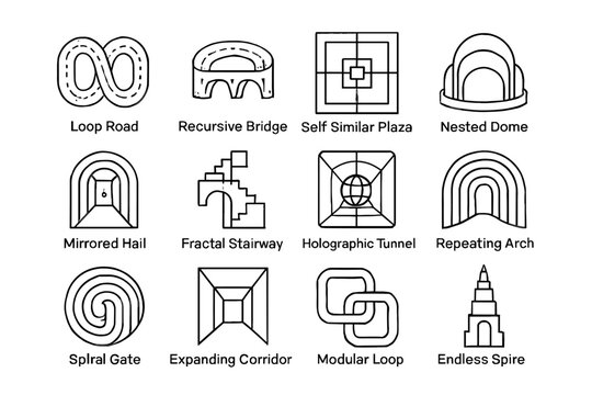 Corridor spiral vector recursive infrastructure icon expanding gate icons hall infinite stairway