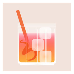 Minimalist flat vector illustration of a refreshing cocktail in a rocks glass with ice cubes, an orange peel twist, and a straw. Designed with soft warm pink and orange gradients, perfect for bar menu