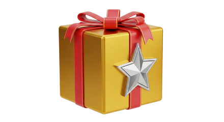 Obraz premium A vibrant yellow gift box with a red ribbon and silver star on transparent background
