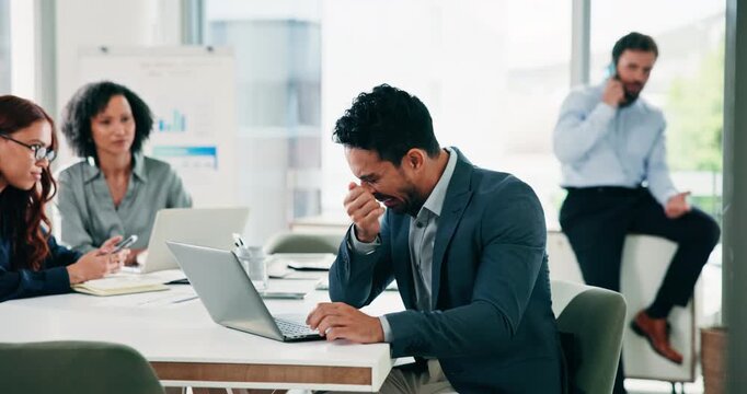 Sneeze, team and man in office with laptop, flu season and illness with hayfever. Health, sinus issue and employees in agency with nose reaction, germ infection and allergy relief in workplace.
